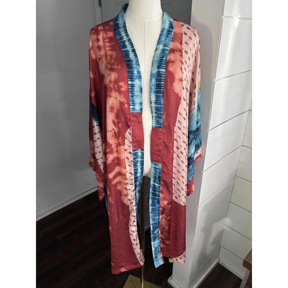 Kimchi Blue Kimono Jacket Womens One Size Multicolor Butterfly Satin Boho Duster
